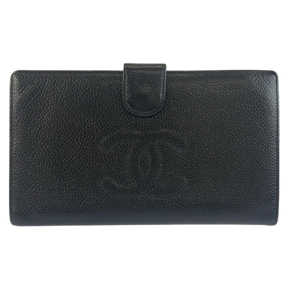 CHANEL Coco Mark Black Leather Long Wallet with Gold Hardware for Women